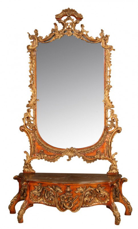 Chinese Chippendale-style mirror and console: Chinese Chippendale-style carved and parcel gilt mahogany pier mirror with console 89"h x 59"w x 19"d.