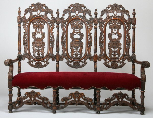 Oversized 19th c. Italian walnut settee: Oversized late 19th century Italian Renaissance Revival pierce carved walnut tall back settee, 61"h x 77"l x 23"d.