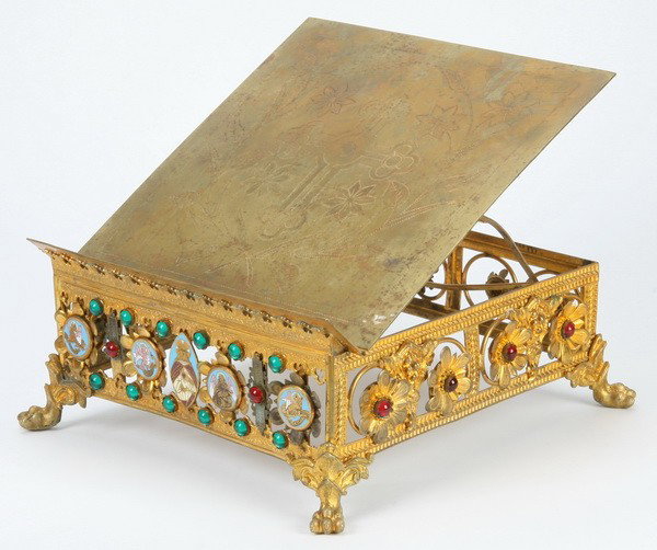 19th c. dore' bronze adjustable lecturn: 19th c. dore' bronze adjustable lecturn with semi-precious cabochon gems and enameled designs, 5.5"h (when closed) x 12"w x 12"l.