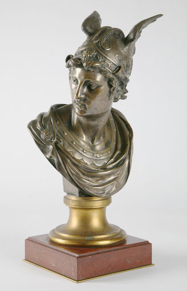 19th c. bronze bust of Mercury: 19th century bronze bust of Mercury with silver and gold dore' accents on a rouge marble base, 20"h.