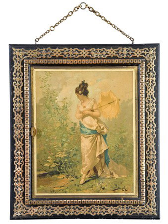 19th c. tryptich mirror w/ paintings: Rare late 19th century tryptich ladies' dressing table mirror, features a pair of oil on panel paintings - one of a Japanese maiden with parasol and one of a maiden with blue sash, both artist signed 
