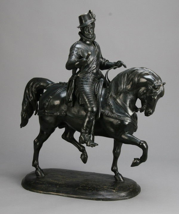 19th c. bronze sculpture: 19th century bronze sculpture of Sir Walter Raleigh on horseback, British school, unsigned 33"h x 29"l x 13"w.