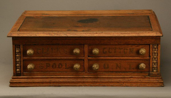 Vintage oak spool cabinet: Vintage tabletop oak spool cabinet, 12"h x 30"w x 21"d.