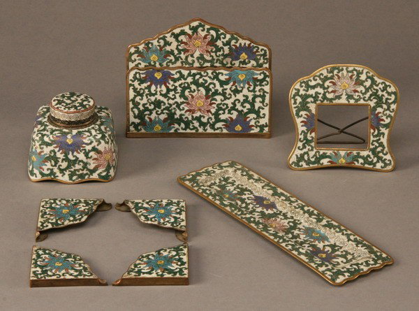 19th c. Japanese cloisonne' desk set: Late 19th century Japanese cloisonne' desk set with letterholder, picture frame (4" x 4"), pen holder, inkwell and blotter corners.