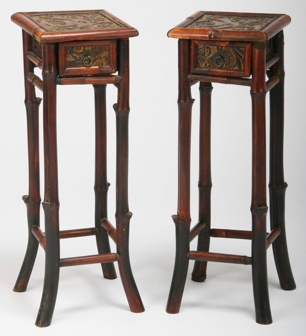 Pair of petite bamboo end tables: Pair of 20th century Chinese export bamboo petite end tables with single drawer and fancy embossed tops and sides, 33"h x 9" square.