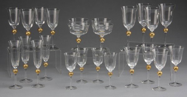 24 pieces of Venetian stemware: 24 pieces of early 20th c. Venetian stemware, 4 each of water goblets, champagne flutes, white wine, red wine, claret, and champagne glasses.