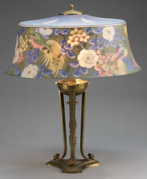 Pairpoint reverse painted lamp: Pairpoint "Bird of Paradise" reverse painted lamp, 22"h x 17.5" diameter.