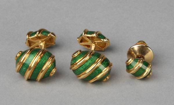 Tiffany & Co. Schlumberger gold cufflinks: Pair of Jean Schlumberger for Tiffany & Co. 18kt gold and green enameled cufflinks and tie tack.