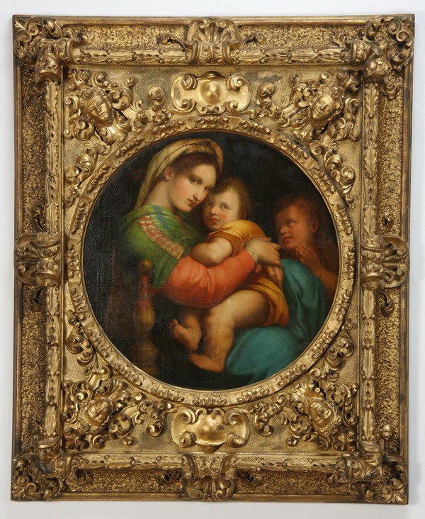 19th c. Continental oil on canvas: 19th c. Continental oil on canvas, "Madonna della Seggiola", after the original by Raphael, in a period giltwood and gesso frame; canvas 29" diameter; overall size including frame 54"h x 43"w.
