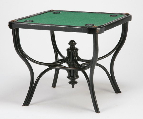 Early 20th c. Austrian bentwood game table: Early 20th century ebonized Austrian game table of bentwood construction, maker marked with paper label Thonet, Wien (Vienna), 29"h x 34" square.