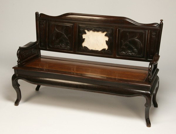 Early 20th c. Chinese export rosewood settee: Early 20th century Chinese export Queen Anne inspired rosewood settee with central marble plaque on the backrest encircled by a relief carved flowering vine flanked by relief carved floral panels, 39"