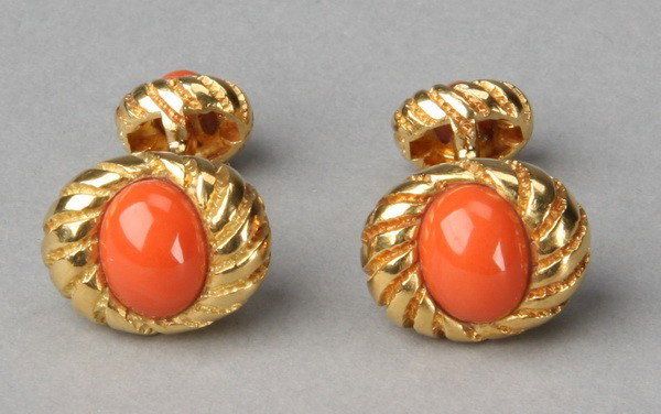 Tiffany & Co. Schlumberger gold cufflinks: Pair of Jean Schlumberger for Tiffany & Co. 18kt gold and coral cufflinks.
