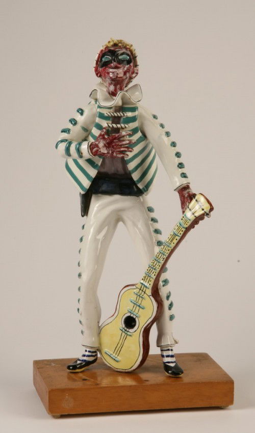 Mid 20th c. Murano ceramic sculpture: Mid 20th century Murano glazed ceramic sculpture of a gondolier with guitar, marked San Polo, 17.5"h.