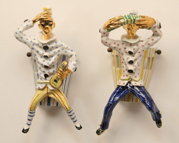 Mid 20th c. Murano ceramic wall décor: Pair of mid 20th century Murano glazed ceramic figural wall décor depicting Venetian carnivale musicians, marked San Polo, 10"h x 5.5"w.