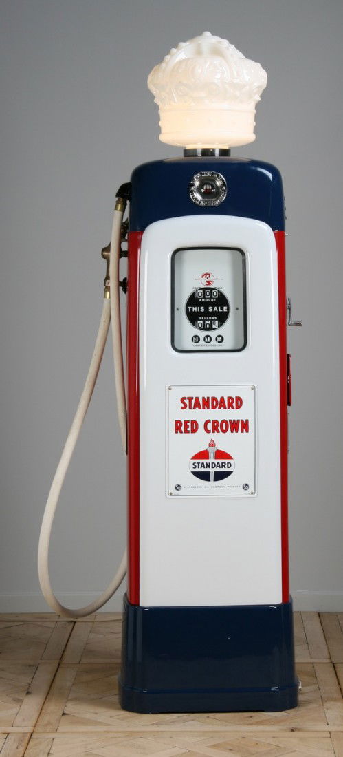 Rare vintage gas pump by Martin & Schwartz: Very rare American gas station pump, maker marked Martin & Schwartz, Inc., Model #80, series #1, serial # 31 with sight gauge on tall base, and the Standard Red Crown-Standard Oil Co. brand logo and b