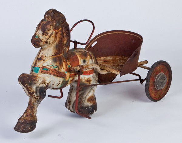 Mid 20th c. child's pedal horse and wagon: "Pony Express", mid 20th century child's pedal toy horse with attached wagon, 22"h x 34"l x 14"w.
