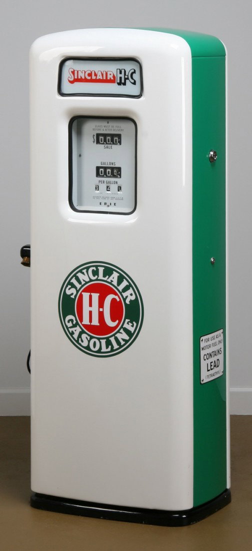 Rare 1950's Sinclair Gasoline brand gas pump: Rare mid 20th century Sinclair H-C Gasoline brand gas pump, fully restored by Erie Meter Systems, Erie, PA, Model 743, serial #41714, 60"h x 22"w x 15"d.