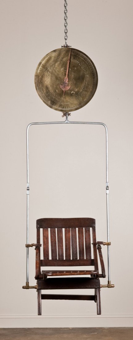 Authentic jockey scale: Authentic jockey scale - to weigh in before the race. Oak slat chair suspended from metal rods with brass scale overhead. Can be suspended from any beam or rafter. Overall size: 82"h x 25.5"w.