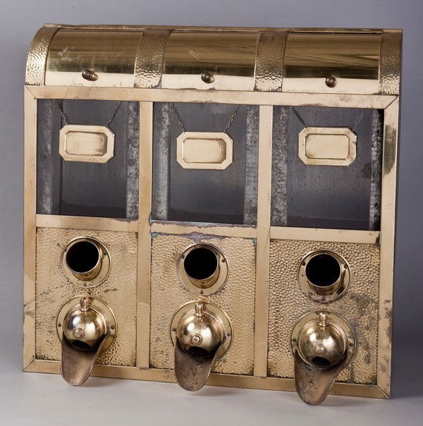 Italian brass coffee bean display cabinet: Mid 20th century Italian polished and hammered brass three compartment coffee bean display cabinet and dispenser, each compartment with sliding glass display window and brass plate to identify coffee