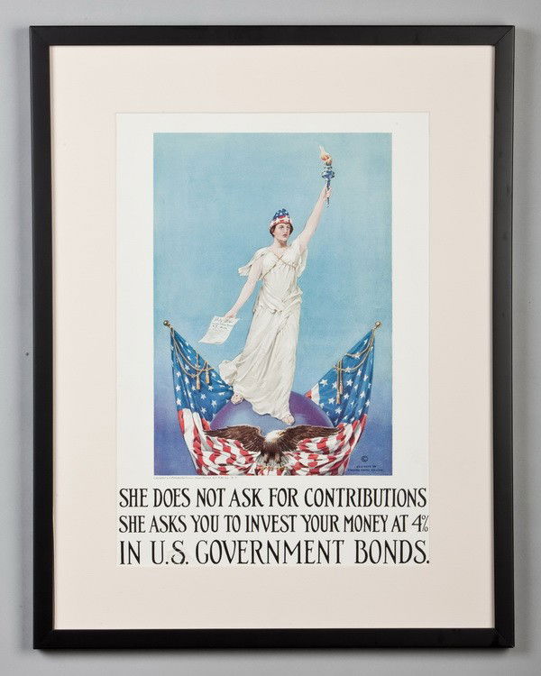 Original framed WW I Government Bonds poster: World War I poster featuring Lady Liberty standing on top of the world surrounded by a bald eagle and U.S. flags encouraging American citizens to support the war by investing in U.S. Government Bonds.