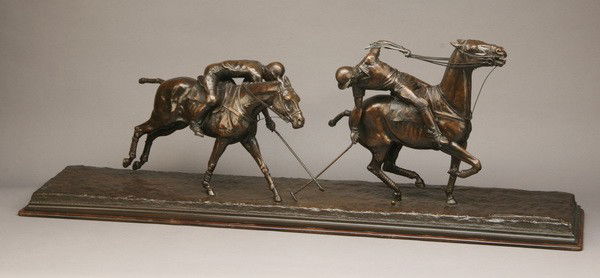 20th c. bronze sculpture, artist signed: Late 20th century bronze sculpture "The Polo Match", artist signed Michelle de Portugal 1988, 15"h x 42"l x 10"d.
