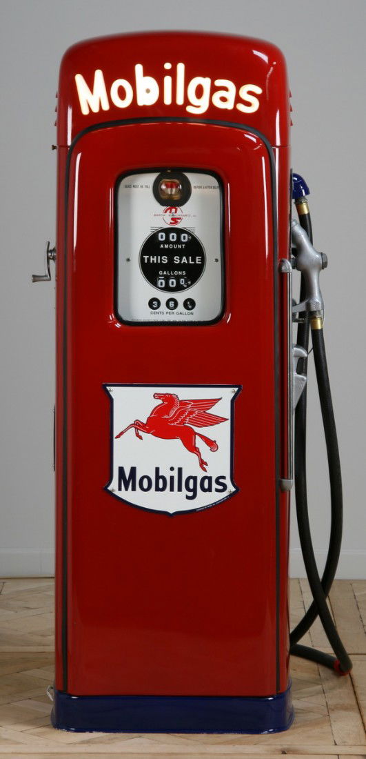 Rare 1950's gas pump by Martin & Schwartz: Rare 1950's American gas pump by Martin & Schwartz, Script Top Model, with the Mobilgas brand logo and a lighted Mobilgas blow molded logo, 62"h x 22"l x 16"d.