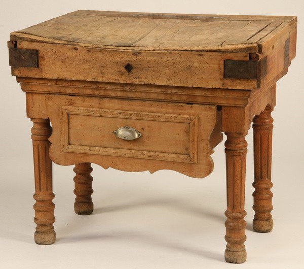 19th c. French oak butcher block: Late 19th century French oak butcher block with knife holder and storage drawer, 35"h x 40"w x 30"d.