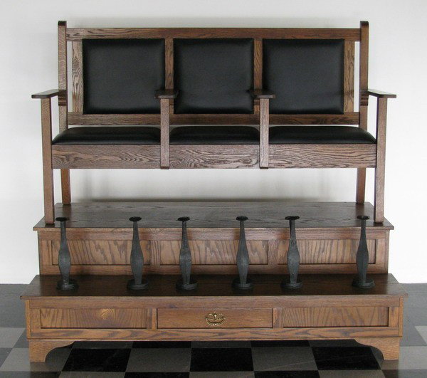 Vintage American oak shoeshine bench: Vintage American oak three station shoeshine bench in two parts, (perfect for your waiting room or entryway!) the oak bench upholstered in leather supported by a two step oak platform with six iron sh