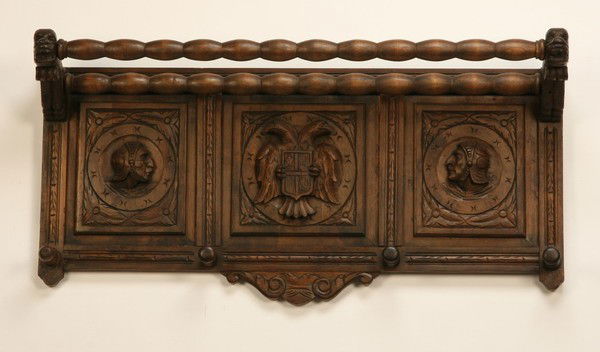 19th c. carved walnut coat rack: 19th century carved walnut wall mounted coat and hat rack, 18"h x 42"l.