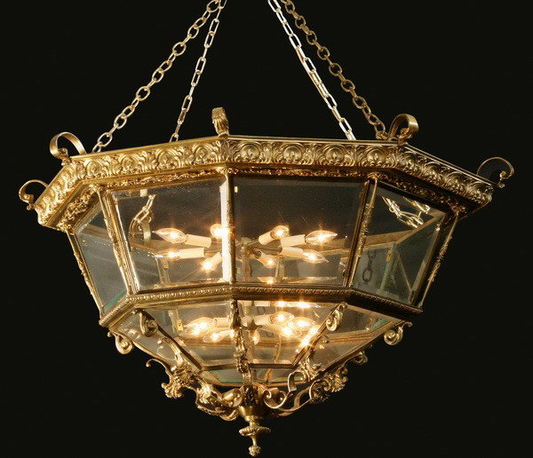 19th c. French bronze chandelier: Late 19th century French Empire octagonal shaped dore' bronze bevelled glass chandelier, 27"h x 48"w.
