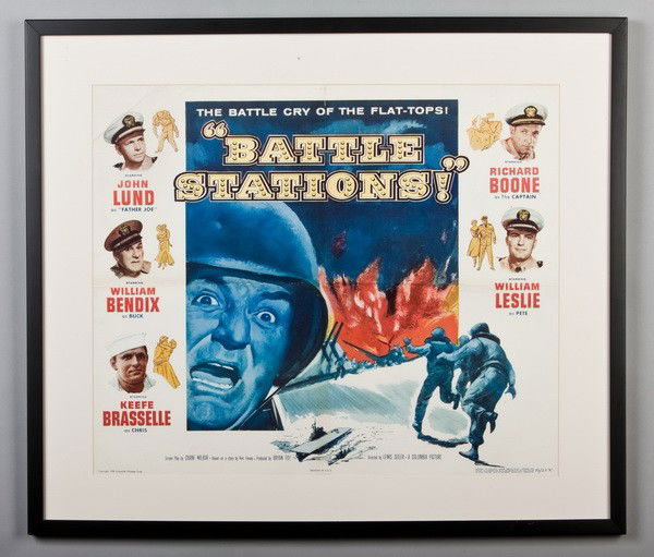Vintage movie poster, "Battle Stations": Mid-20th century movie theater poster for "Battle Stations!" starring John Lund, William Bendix, Keefe Brasselle, Richard Boone, and William Leslie. The drama set during World War II pits the chaplain