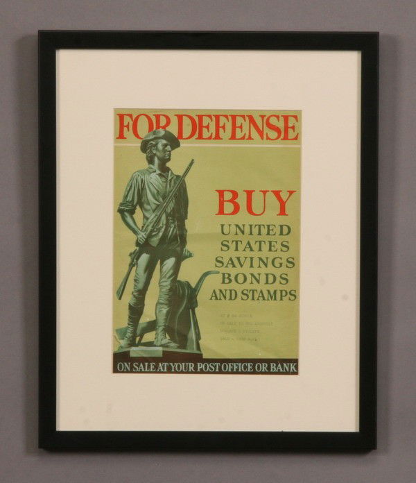 Framed vintage WW II poster: Framed vintage World War II poster ,"For Defense, Buy United States Savings Bonds and Stamps." In the early 1940's, the government was searching for ways to finance the war; at the same time, war indu