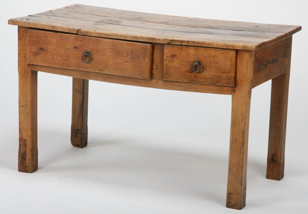 19th c. French Provincial burl elm table: Early 19th century French Provincial burl elm table with two drawers, 28"h x 45"l x 25"w.