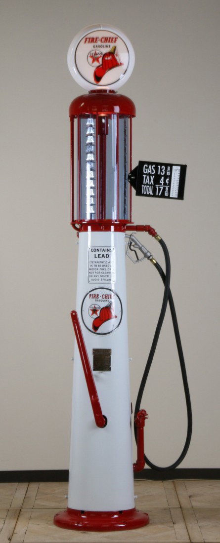 Rare vintage gas pump with Texaco logo: Rare vintage American gas pump by the Wayne Pump Co., Fort Wayne, IN, serial # 9253-N, with original 10 gallon blue glass cylinder tank, the Texaco Fire Chief Gasoline brand logo, and a Texaco Fire Ch