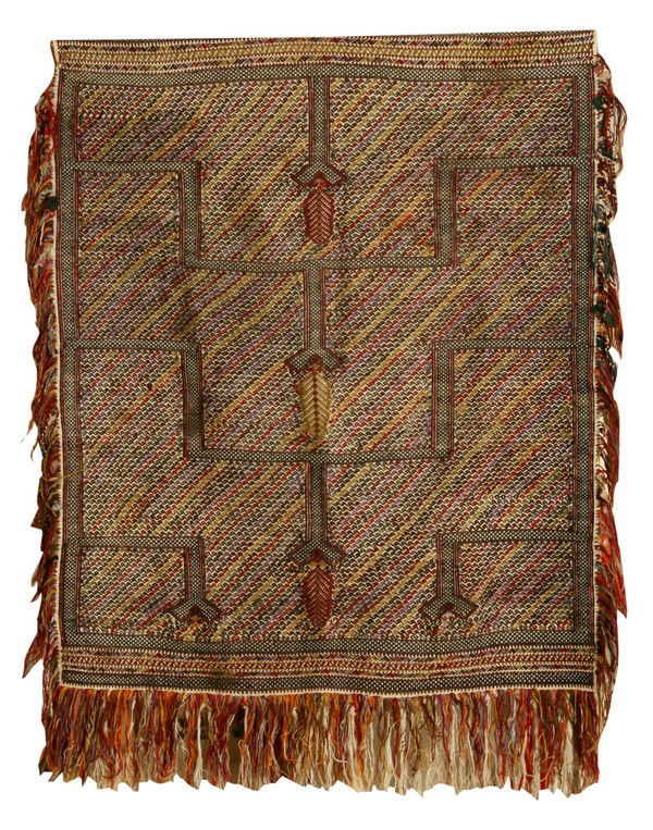 Hand loomed tapestry wall hanging or rug: Hand loomed tapestry wall hanging or rug with multi-colored fringe on 3 sides, 5' 9" long x 54" wide.
