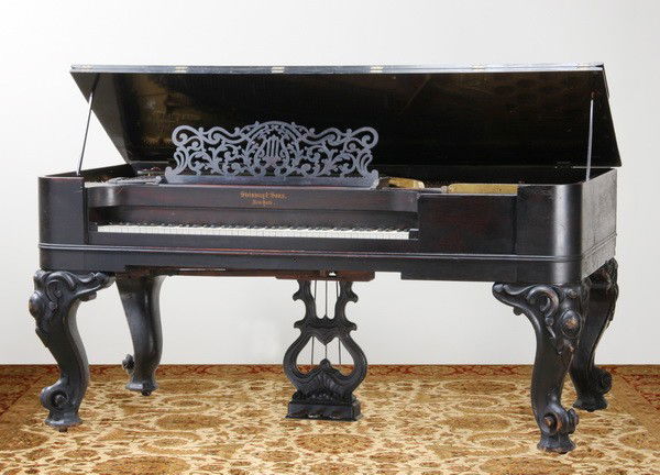 19th c. Steinway square grand piano: Late 19th century American square grand Steinway piano, serial # 36622, features original ivory keys, flame mahogany book matched veneer case and carved cabriole legs, 38"h x 81"l x 40"d.