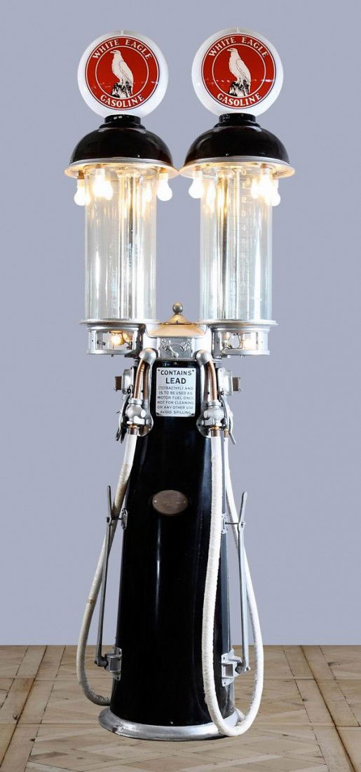 Very rare gas pump w/twin 10 gallon tanks: Rare Clear Vision duplex gasoline dispenser, Model # 70-5, pump #15903 manufactured by the Service Station Equipment Co., Ltd. Toronto, Canada, with the White Eagle brand gasoline logo. This gas pump,