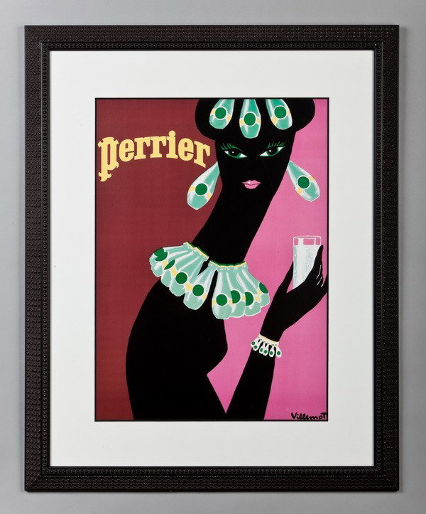 Framed advertising poster for Perrier: Framed advertising poster for Perrier bottled water, overall size with frame 34"h x 27.5"w.