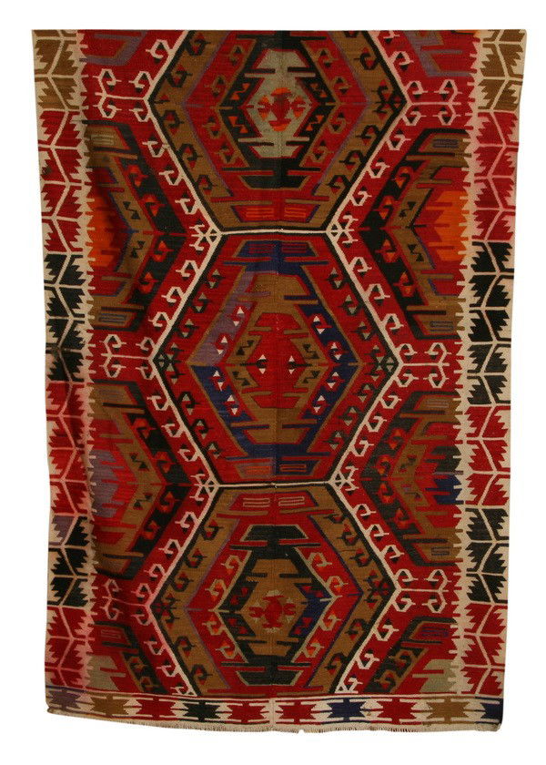 Semi-antique Turkish kilim: Semi-antique Turkish kilim in vegetable dyed wool, 8' 4" long x 5' 2" wide.