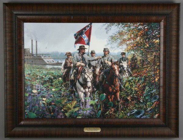 American Civil War, artist signed giclee': Artist signed canvas giclee' titled "The Horse Marines" depicting Generals N.B. Forrest, J.R. Chalmers and the captured U.S.S. Undine at Paris Landing, Tennessee on October 31, 1864 signed John Paul S