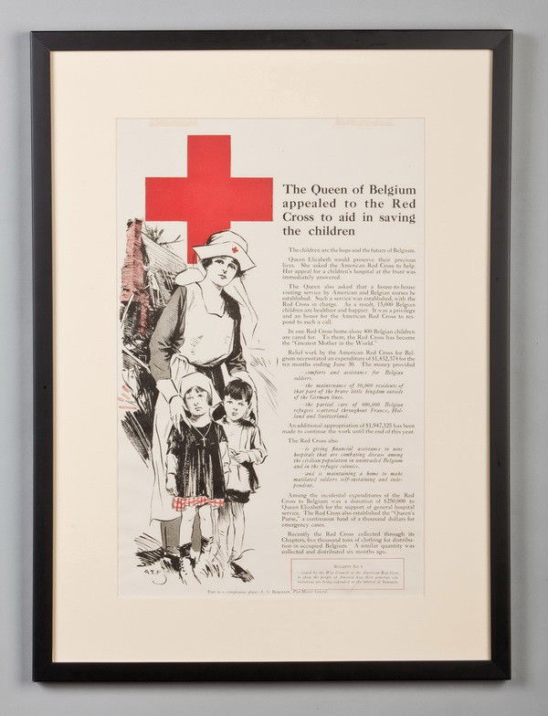 Original framed WW I Red Cross poster: World War I poster issued by the War Council of the American Red Cross showing the American people how their contributions were being used during the war. Bulletin No. 8 , "The Queen of Belgium appeal