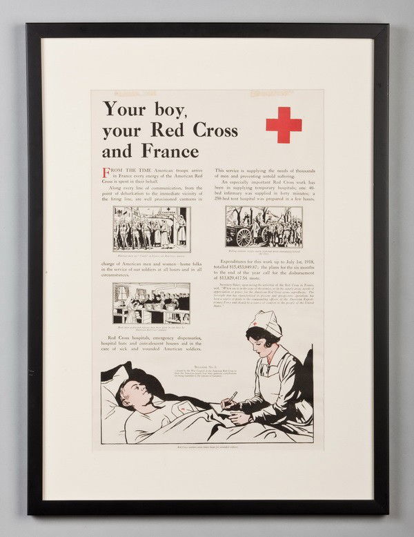 Original framed WW I Red Cross poster: World War I poster issued by the War Council of the American Red Cross showing the American people how their contributions were being used during the war. Bulletin No. 6, "Your boy, Your Red Cross and