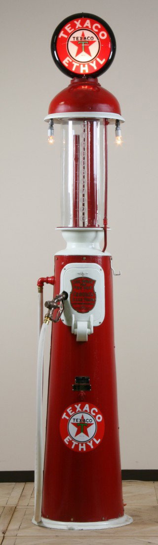Rare vintage gas pump by Clear Vision Pump: Rare vintage American gas pump maker marked Crouse's Clear Vision Liquid Dispensing Measure, Model 201, by The Clear Vision Pump Co. Wichita, Kansas with etched glass 10 gallon gas cylinder, the Texac