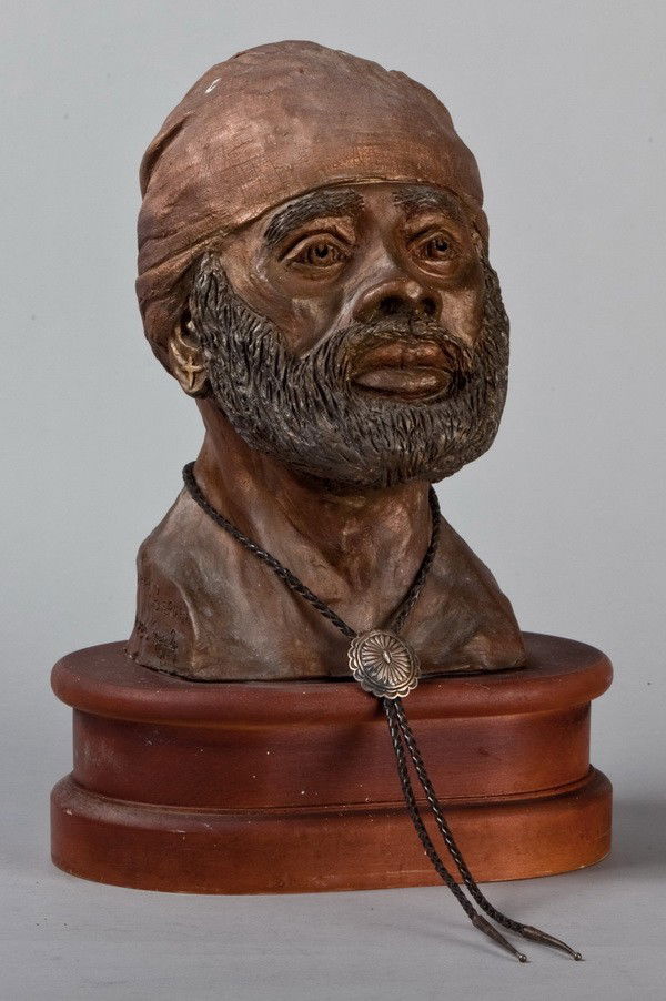 20th c. sculpture, "Caribbean Pirate": 20th century fired clay sculpture titled "Caribbean Pirate" by Georgia artist Bruce B. Everly, Sr., 19"h x 12"w x 8"d.