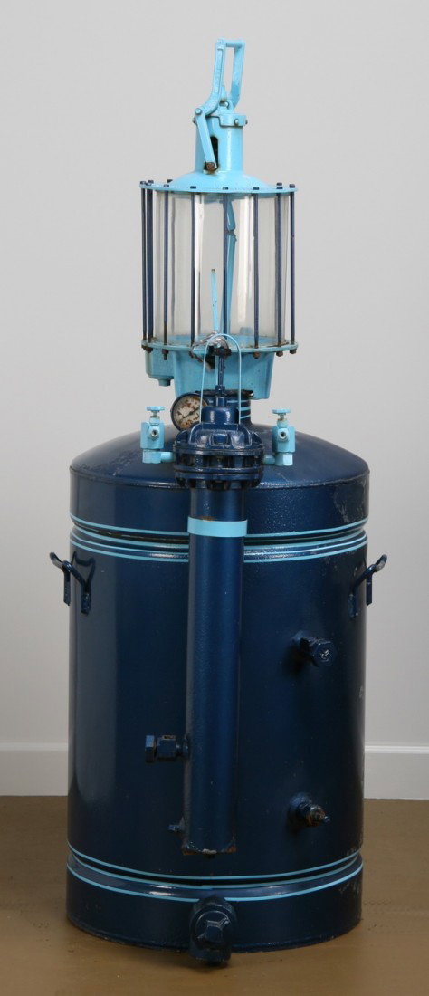 Rare original condition kerosene distiller: Rare, original condition, kerosene distilling tank with original Pyrex glass cylinder tank, 60"h x 26" diameter.