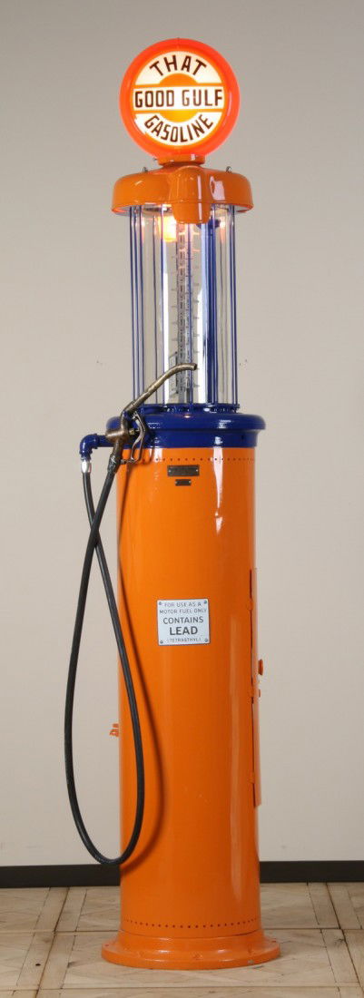 Rare vintage gas pump with Gulf logo: Rare vintage American gas pump by Tokheim Oil Tank & Pump Company, Ft. Wayne, Indiana, Model 620 (wet hose) serial # 186917, circa 1920 to 1930's, with a glass 10 gallon gasoline cylinder and That Goo