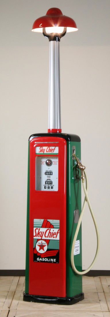 Rare vintage Texaco Oil Company gas pump: Extremely rare, vintage Texaco Oil Company gas pump with long neck light apparatus, and the Texaco Sky Chief Gasoline brand logo, 120"h x 21"w x 17"d at the base.
