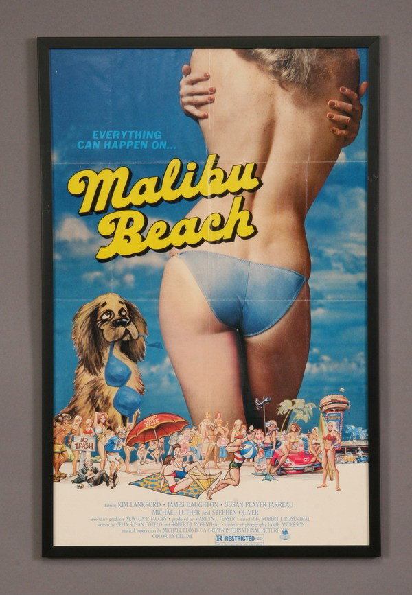Vintage movie poster, "Malibu Beach": Framed vintage movie poster "Malibu Beach" starring Kim Lankford, James Daughton, Susan Player Jarreau, Michael Luther, and Stephen Oliver, overall size including frame 39"h x 25.5"w.