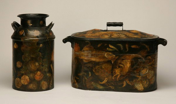 Pair of hand painted and decorated containers: Pair of hand painted and decorated containers, a lidded roaster and a milk can, both paint decorated with fish, crustaceans, and seashells; roaster 14"h x 26"l x 12"w; milk can 19"h x 8" diam at the t