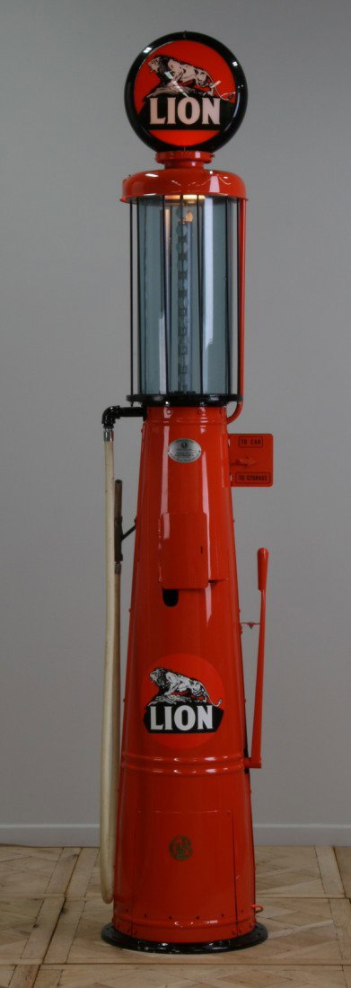 Rare vintage gas pump by Gilbert & Barker: Rare vintage American gas pump by Gilbert & Barker Manufacturing Company, Springfield, Mass., Model 176, with original blue glass gas cylinder, the Lion Oil Company brand logo, and a Lion brand globe,